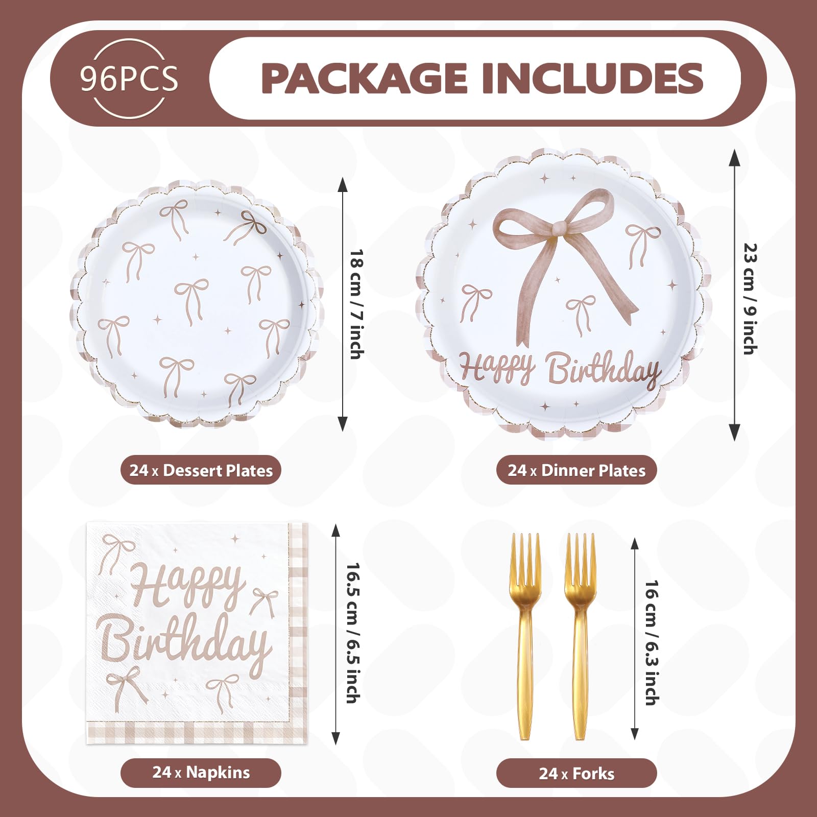 96 Pcs Brown Bow Birthday Party Scalloped Plates and Napkins - Grencian