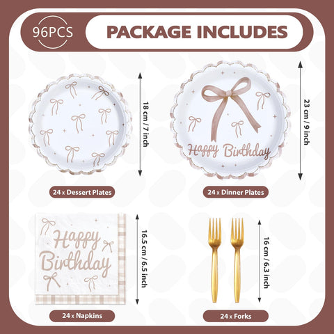 96 Pcs Brown Bow Birthday Party Scalloped Plates and Napkins - Grencian