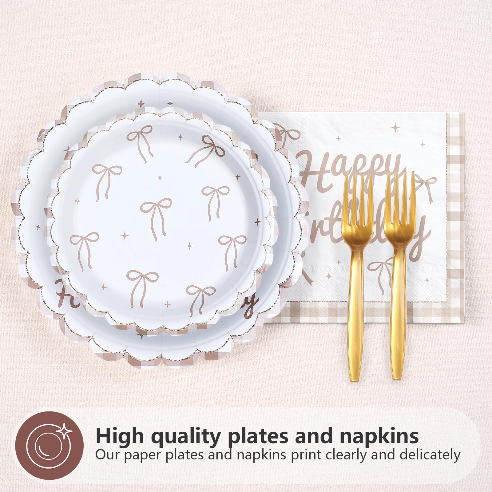 96 Pcs Brown Bow Birthday Party Scalloped Plates and Napkins - Grencian