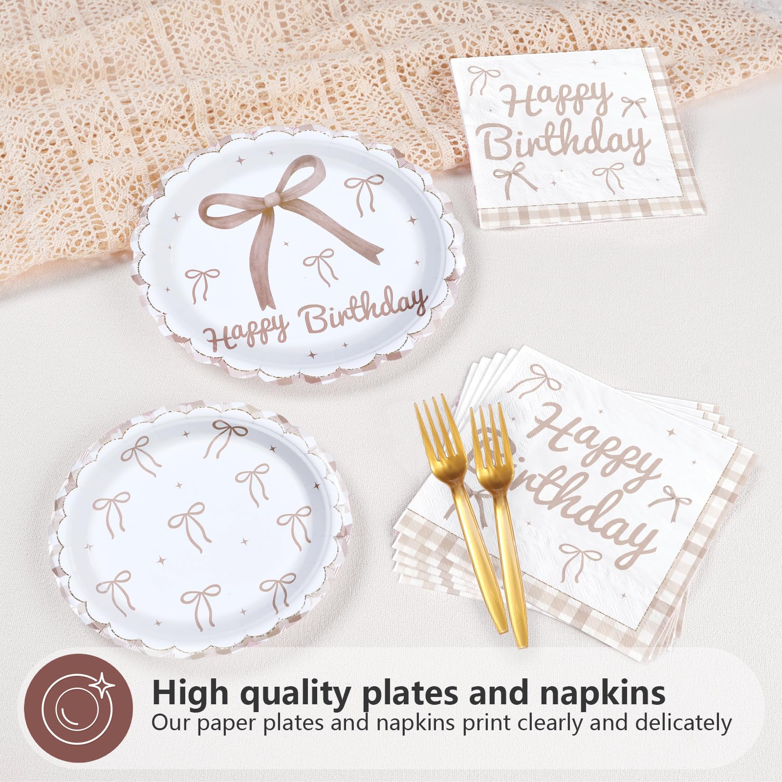 96 Pcs Brown Bow Birthday Party Scalloped Plates and Napkins - Grencian