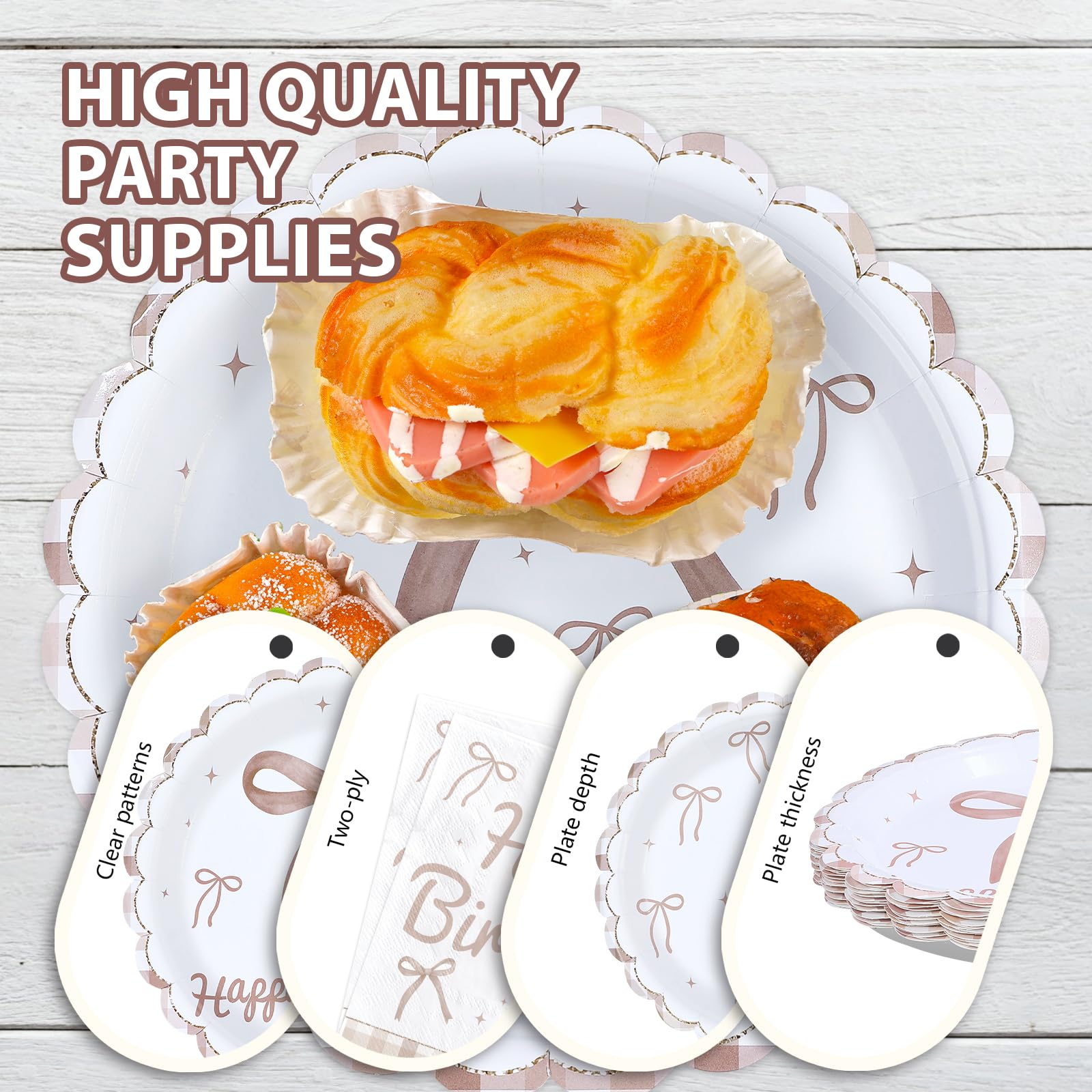 96 Pcs Brown Bow Birthday Party Scalloped Plates and Napkins - Grencian