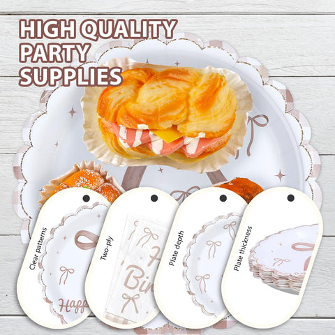 96 Pcs Brown Bow Birthday Party Scalloped Plates and Napkins - Grencian