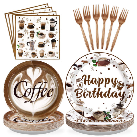 96 Pcs Brown Coffee Birthday Party Plates and Napkins - Grencian