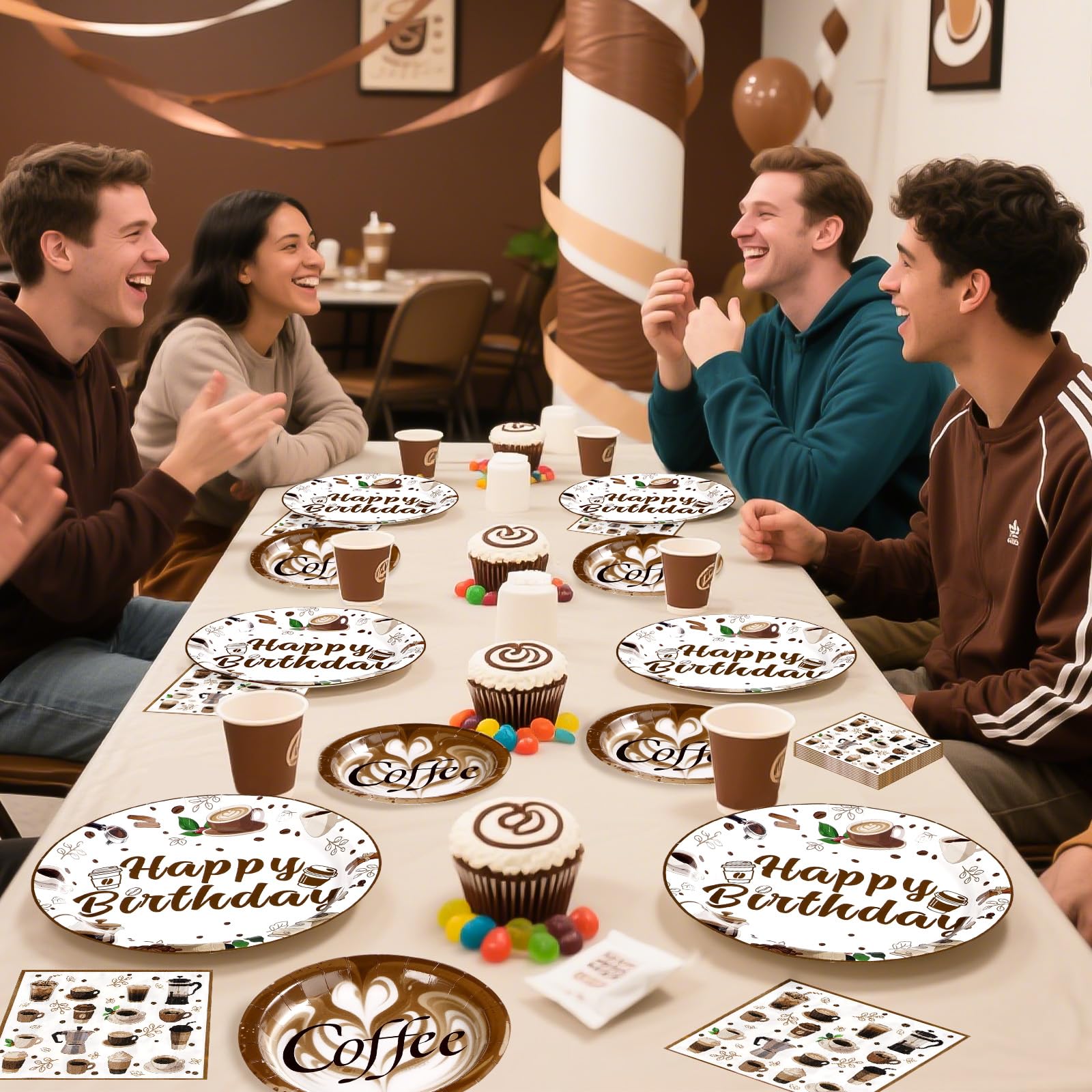 96 Pcs Brown Coffee Birthday Party Plates and Napkins - Grencian
