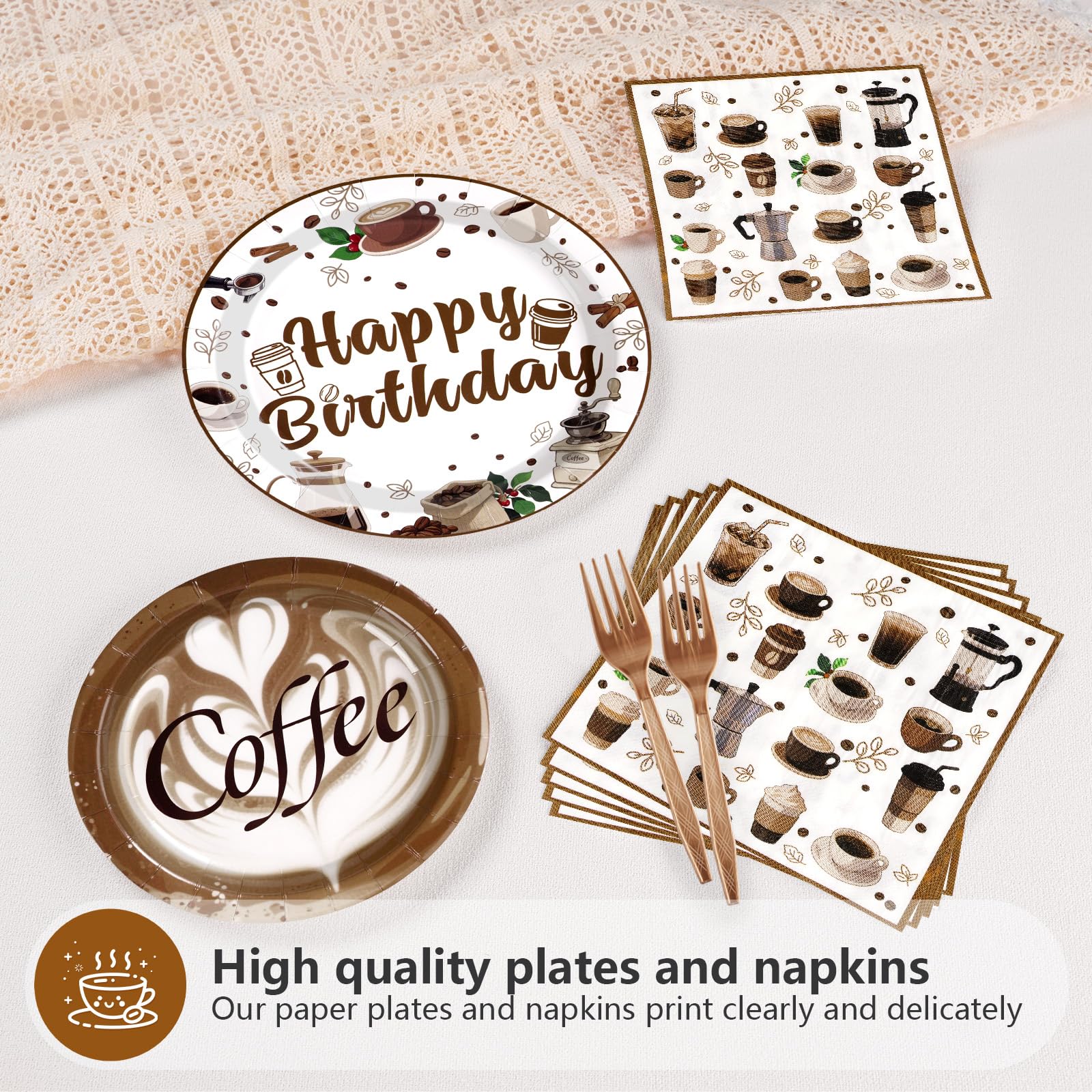 96 Pcs Brown Coffee Birthday Party Plates and Napkins - Grencian