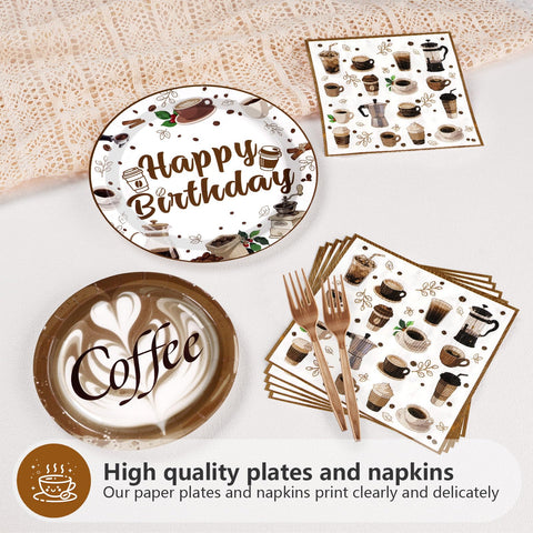 96 Pcs Brown Coffee Birthday Party Plates and Napkins - Grencian