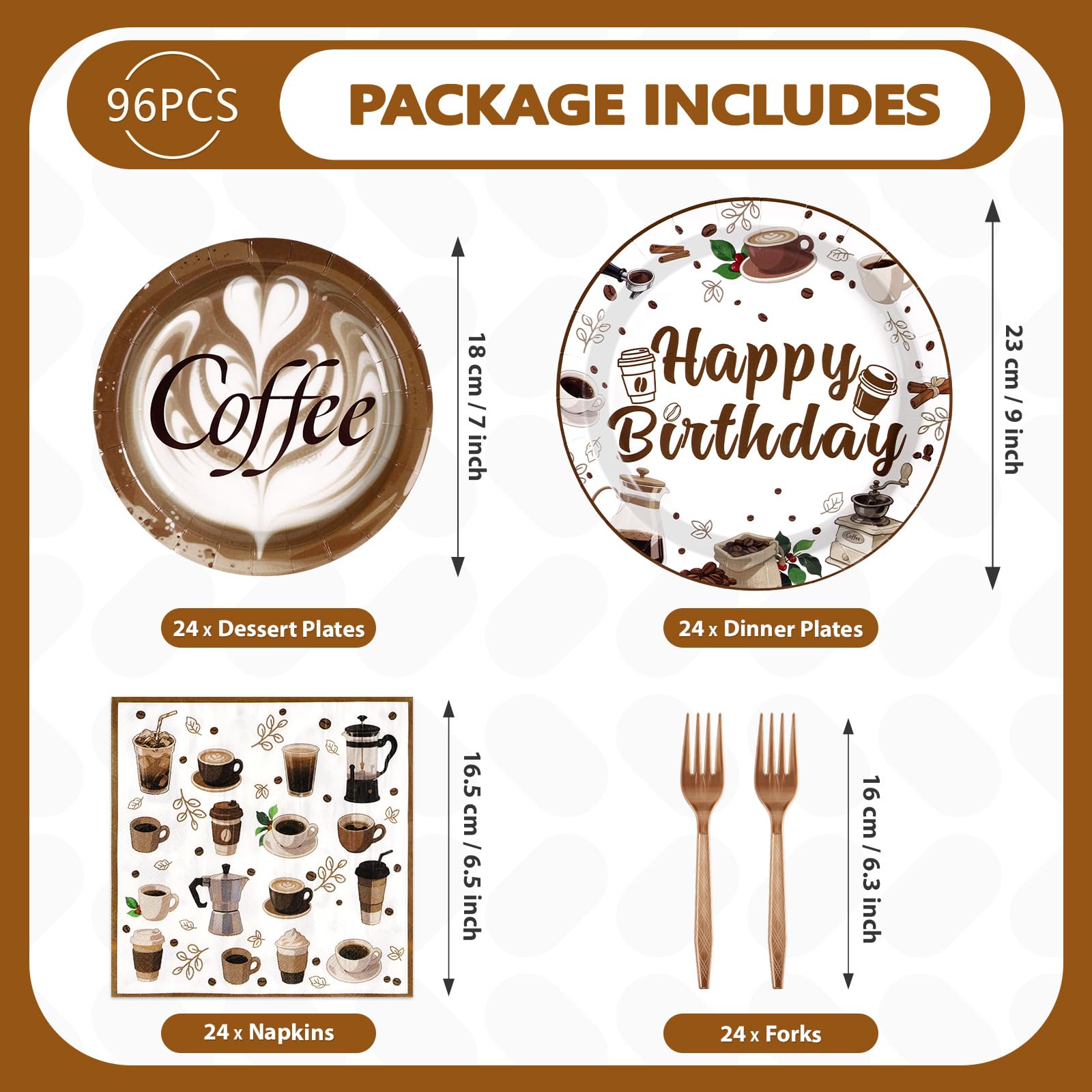 96 Pcs Brown Coffee Birthday Party Plates and Napkins - Grencian