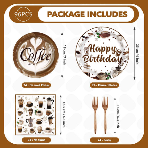 96 Pcs Brown Coffee Birthday Party Plates and Napkins - Grencian