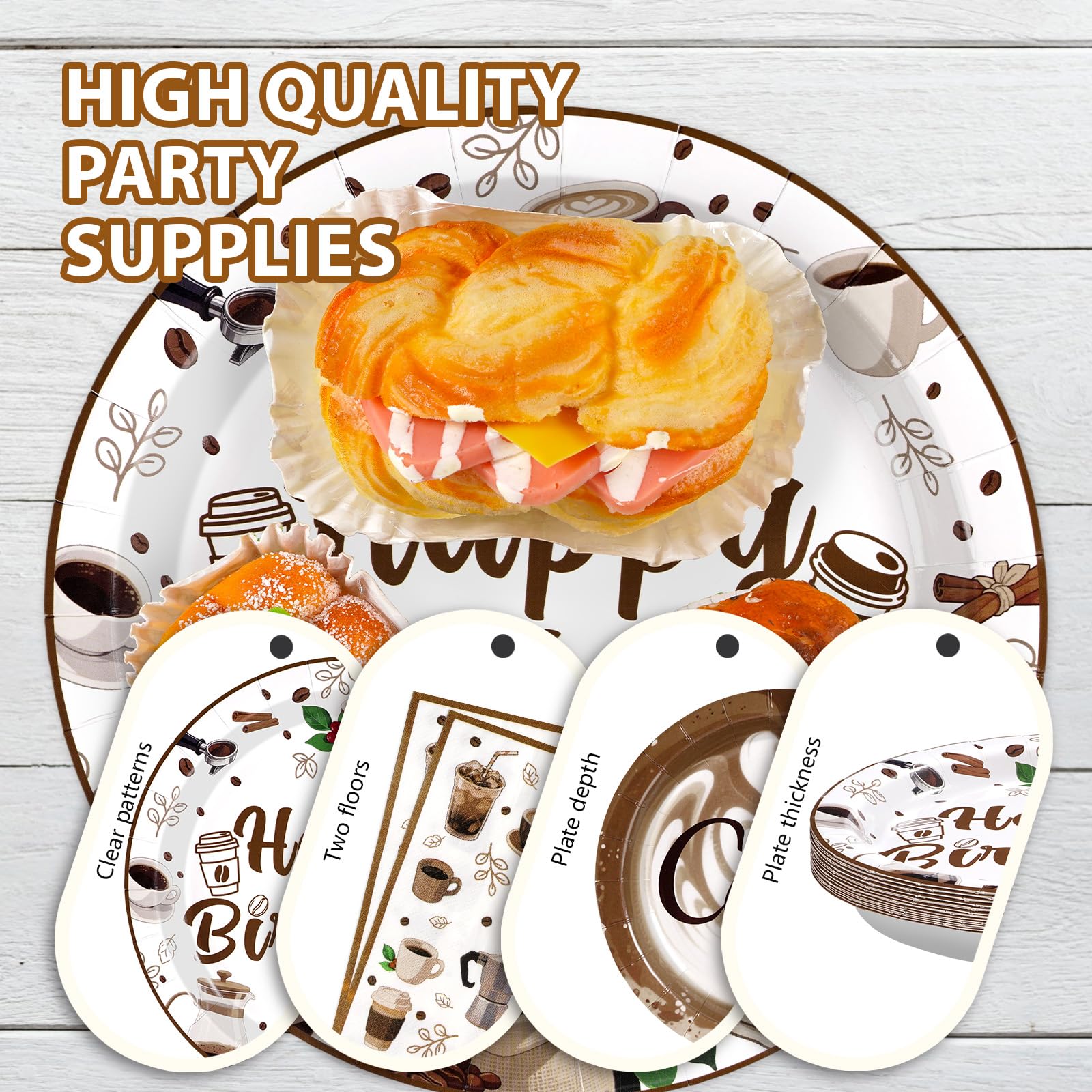96 Pcs Brown Coffee Birthday Party Plates and Napkins - Grencian