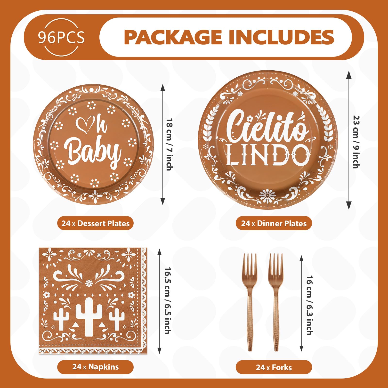 96 Pcs Brown Mexican Baby Shower Party Plates and Napkins - Grencian
