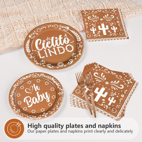 96 Pcs Brown Mexican Baby Shower Party Plates and Napkins - Grencian