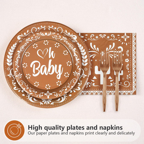 96 Pcs Brown Mexican Baby Shower Party Plates and Napkins - Grencian