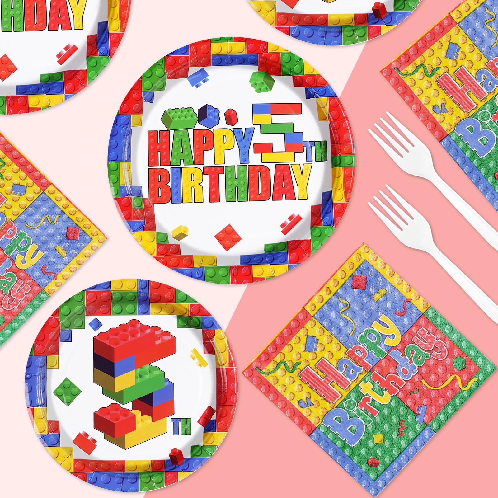 96 Pcs Building Block 5th Birthday Party Plates and Napkins - Grencian