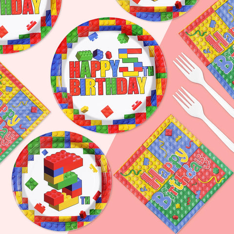 96 Pcs Building Block 5th Birthday Party Plates and Napkins - Grencian