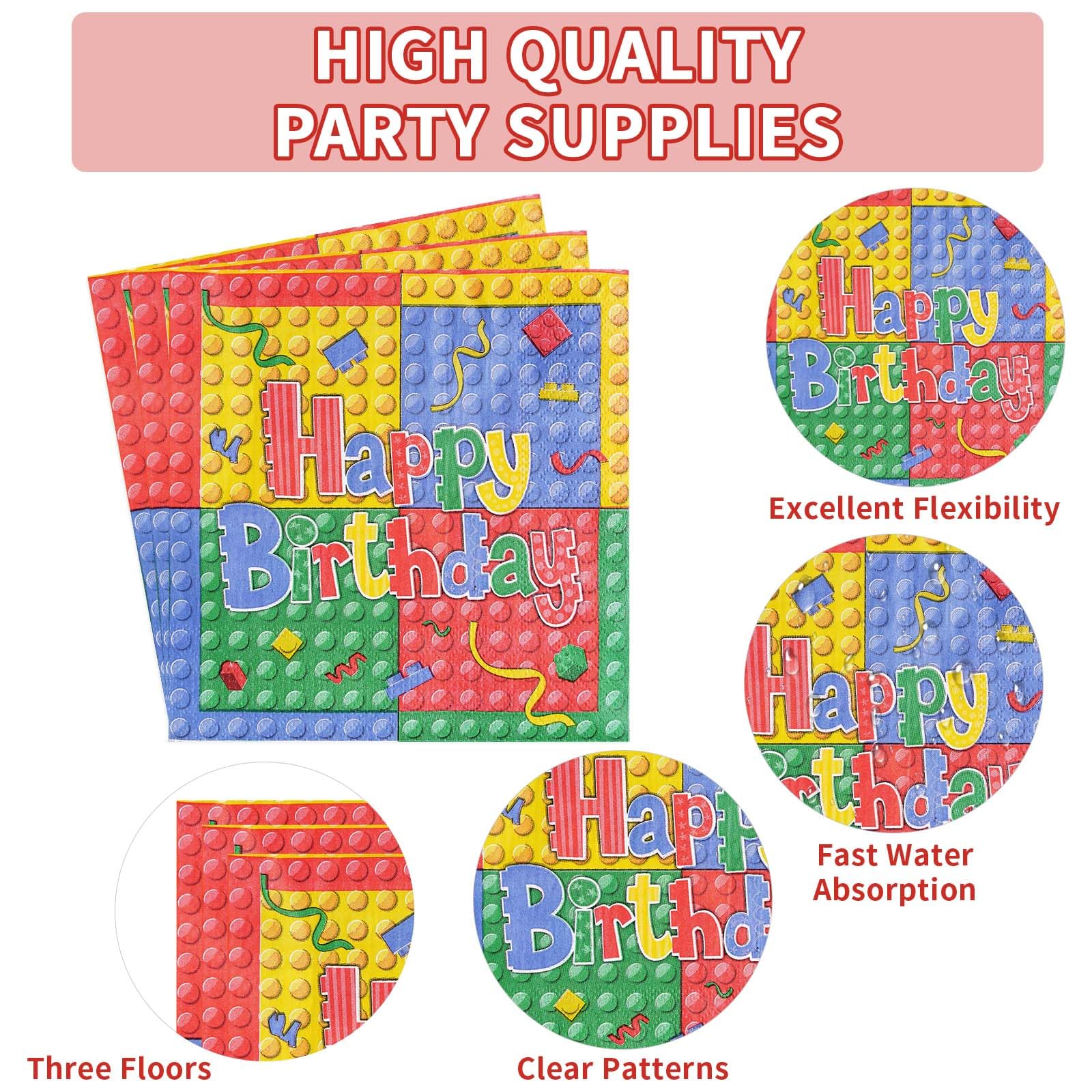 96 Pcs Building Block 5th Birthday Party Plates and Napkins - Grencian
