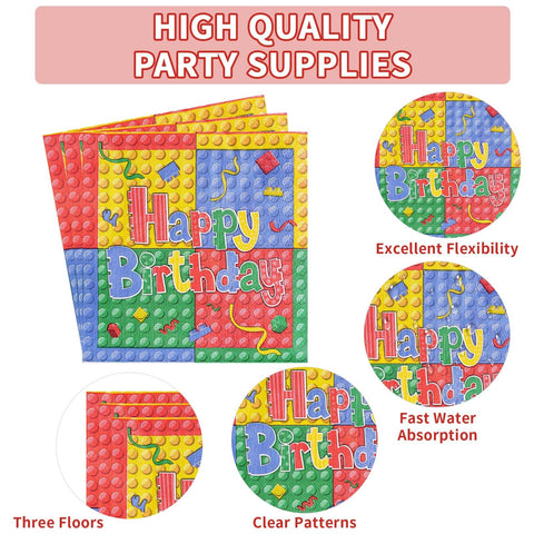 96 Pcs Building Block 5th Birthday Party Plates and Napkins - Grencian