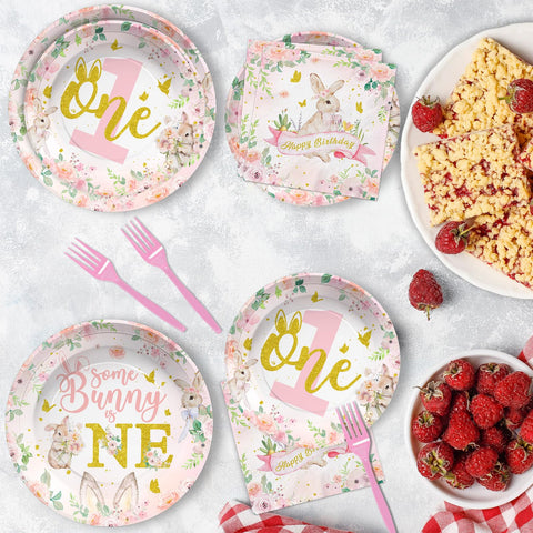96 Pcs Bunny 1st Birthday Party Plates and Napkins - Grencian