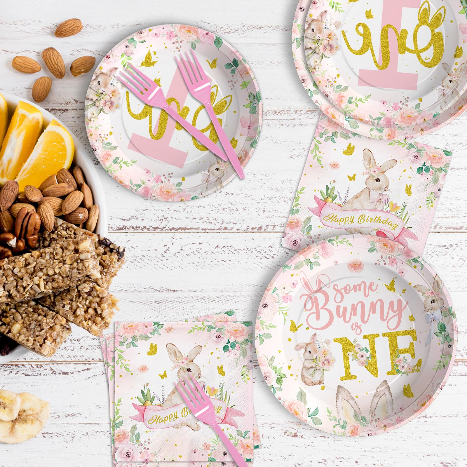96 Pcs Bunny 1st Birthday Party Plates and Napkins - Grencian