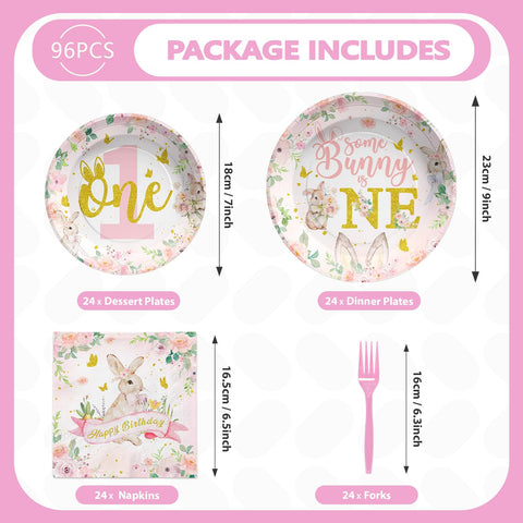 96 Pcs Bunny 1st Birthday Party Plates and Napkins - Grencian