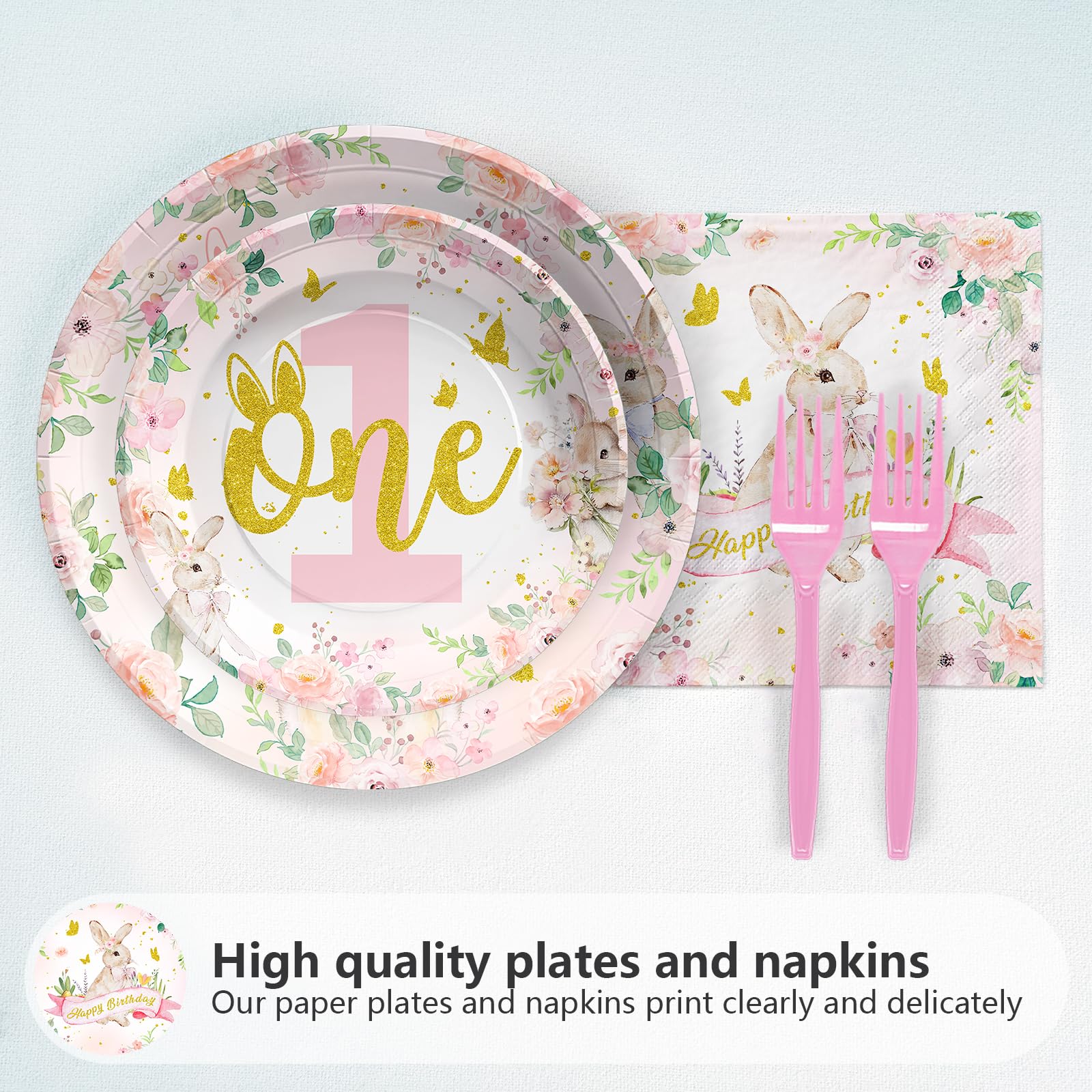 96 Pcs Bunny 1st Birthday Party Plates and Napkins - Grencian
