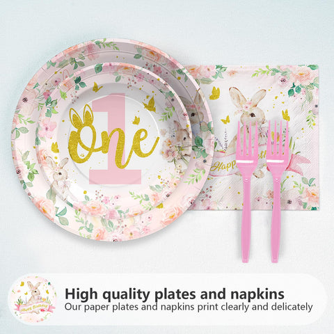 96 Pcs Bunny 1st Birthday Party Plates and Napkins - Grencian