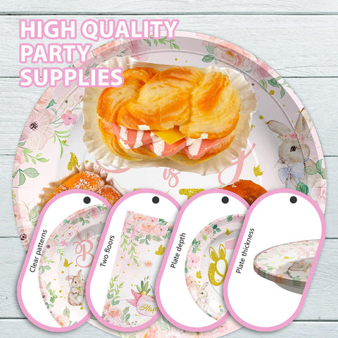 96 Pcs Bunny 1st Birthday Party Plates and Napkins - Grencian