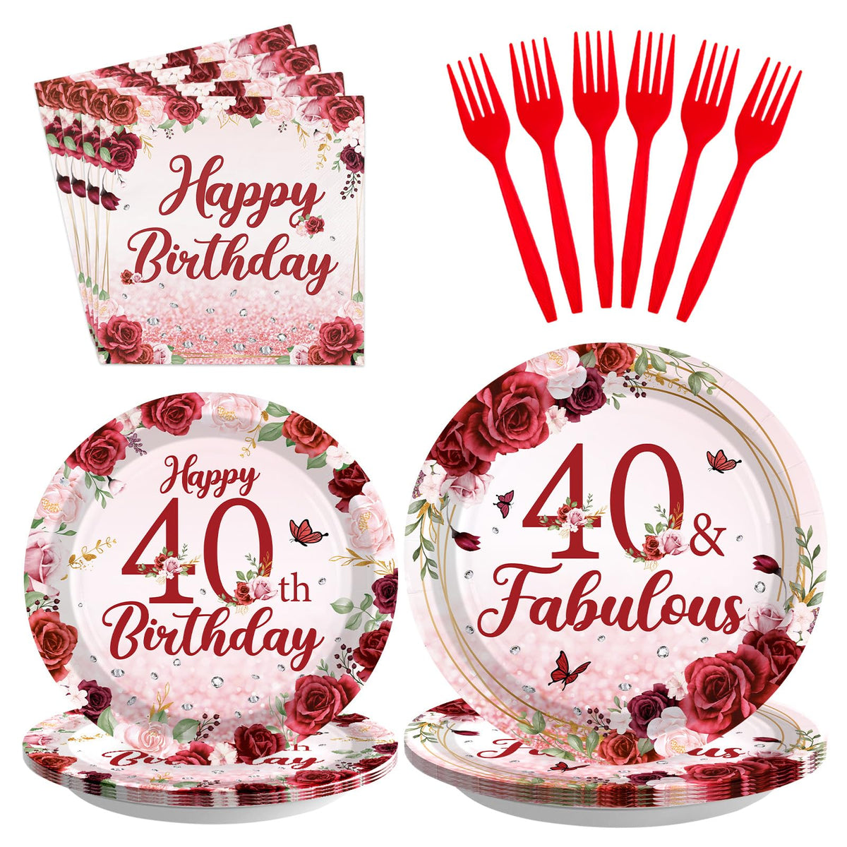 96 Pcs Burgundy 40th Birthday Party Plates and Napkins - Grencian