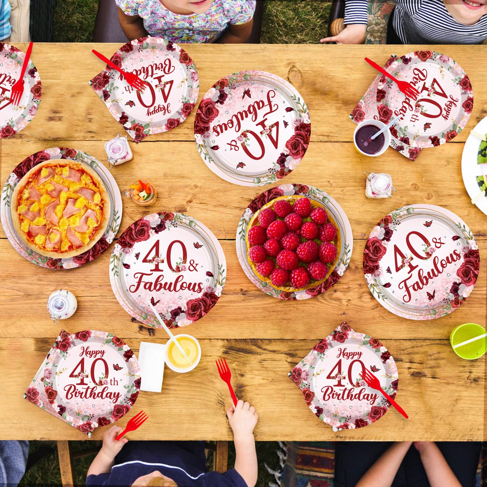 96 Pcs Burgundy 40th Birthday Party Plates and Napkins - Grencian