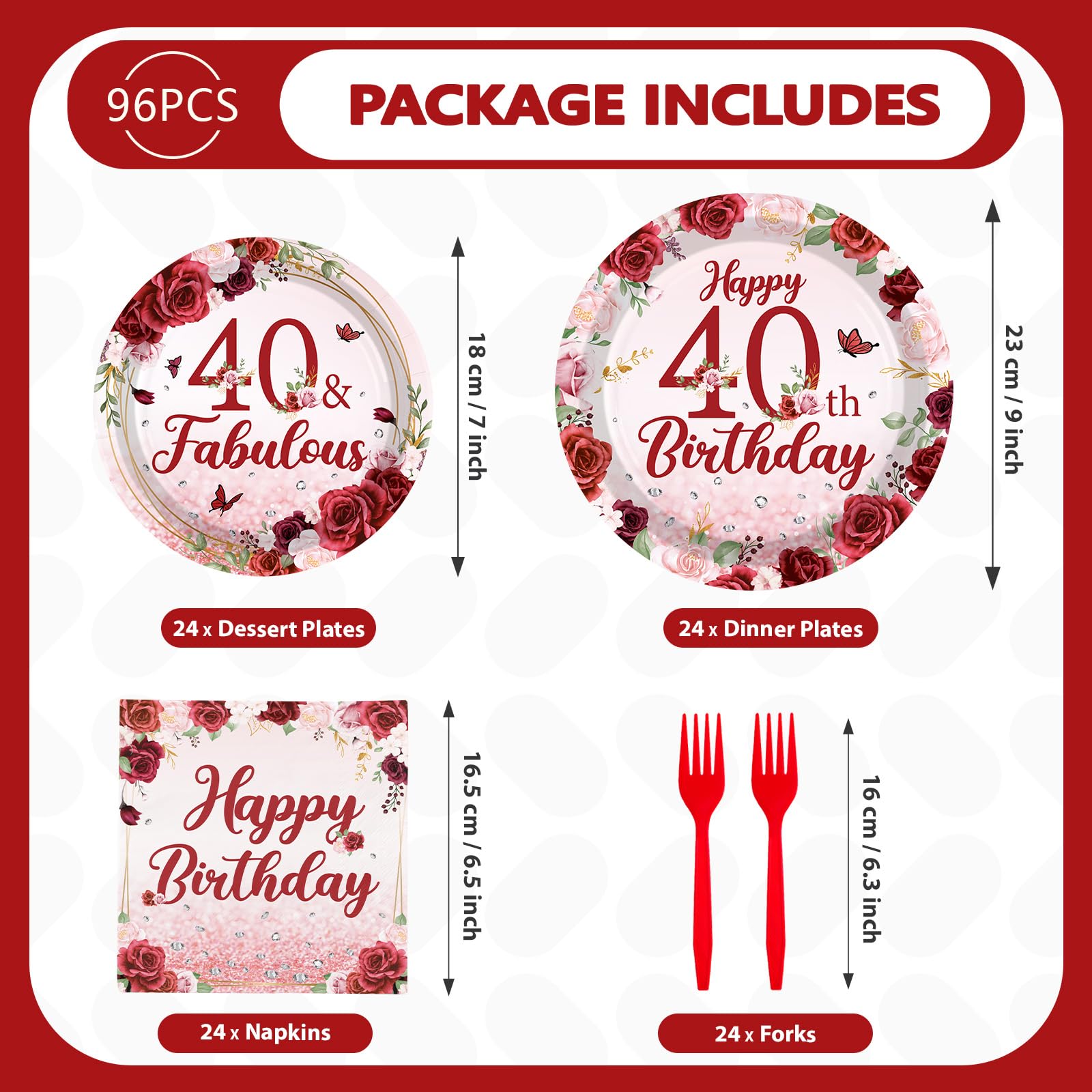 96 Pcs Burgundy 40th Birthday Party Plates and Napkins - Grencian