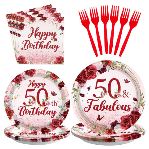 96 Pcs Burgundy 50th Birthday Party Plates and Napkins - Grencian