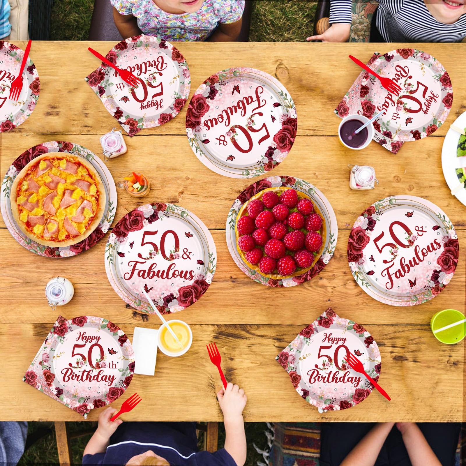 96 Pcs Burgundy 50th Birthday Party Plates and Napkins - Grencian