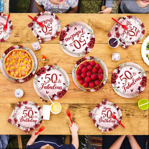 96 Pcs Burgundy 50th Birthday Party Plates and Napkins - Grencian