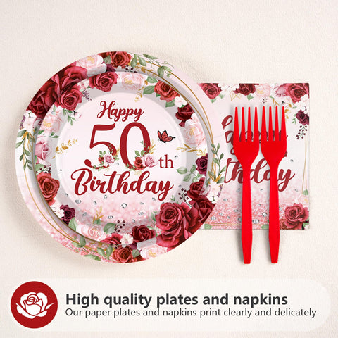 96 Pcs Burgundy 50th Birthday Party Plates and Napkins - Grencian