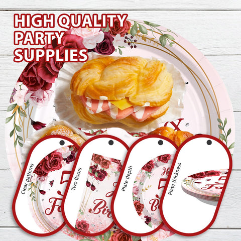 96 Pcs Burgundy 50th Birthday Party Plates and Napkins - Grencian