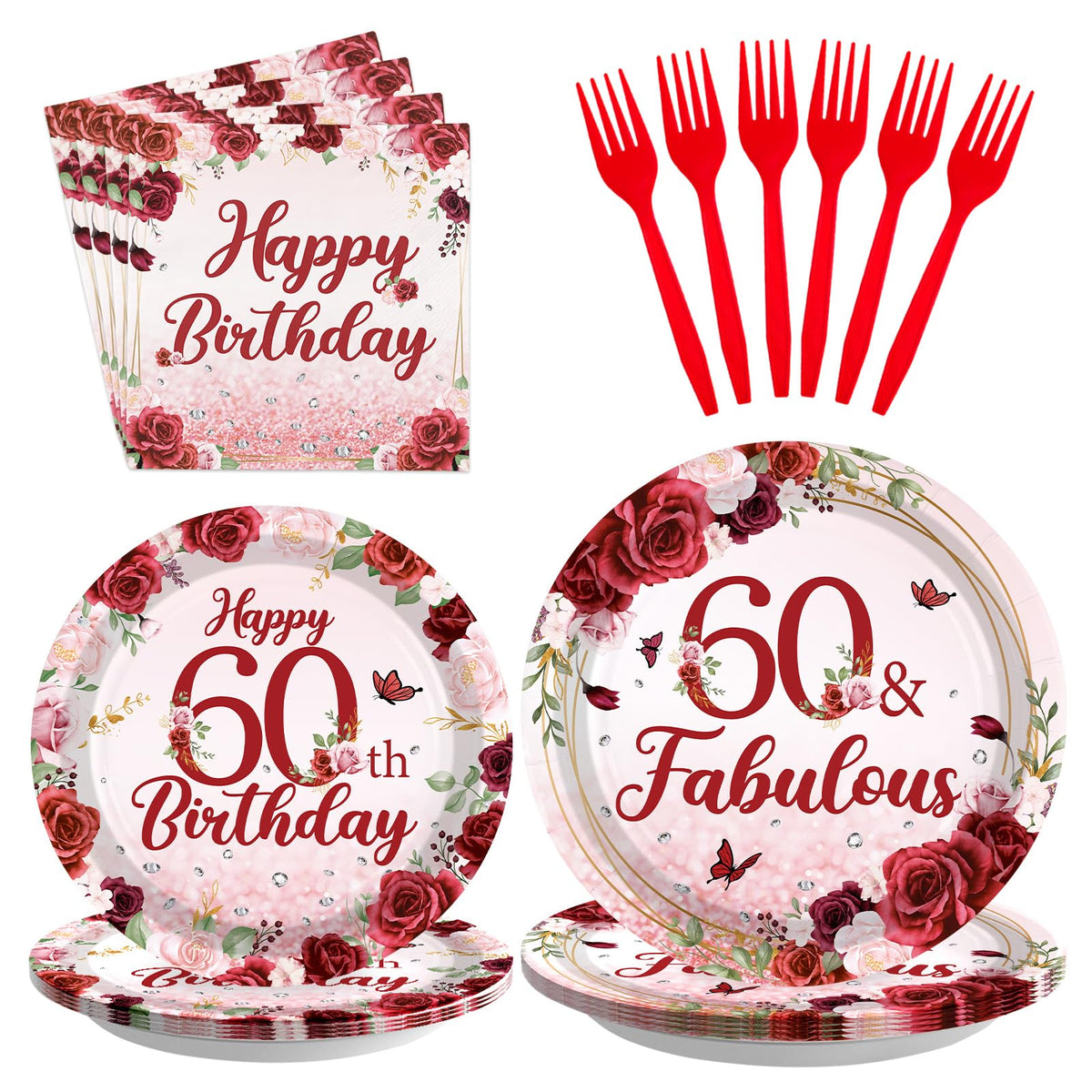 96 Pcs Burgundy 60th Birthday Party Plates and Napkins - Grencian