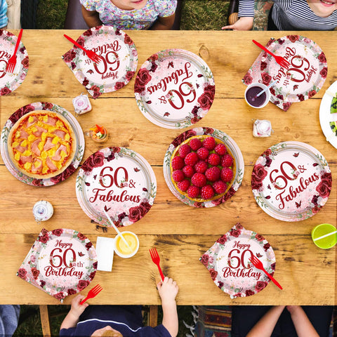 96 Pcs Burgundy 60th Birthday Party Plates and Napkins - Grencian