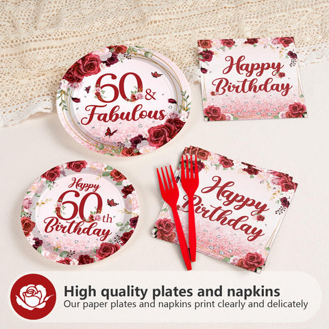 96 Pcs Burgundy 60th Birthday Party Plates and Napkins - Grencian