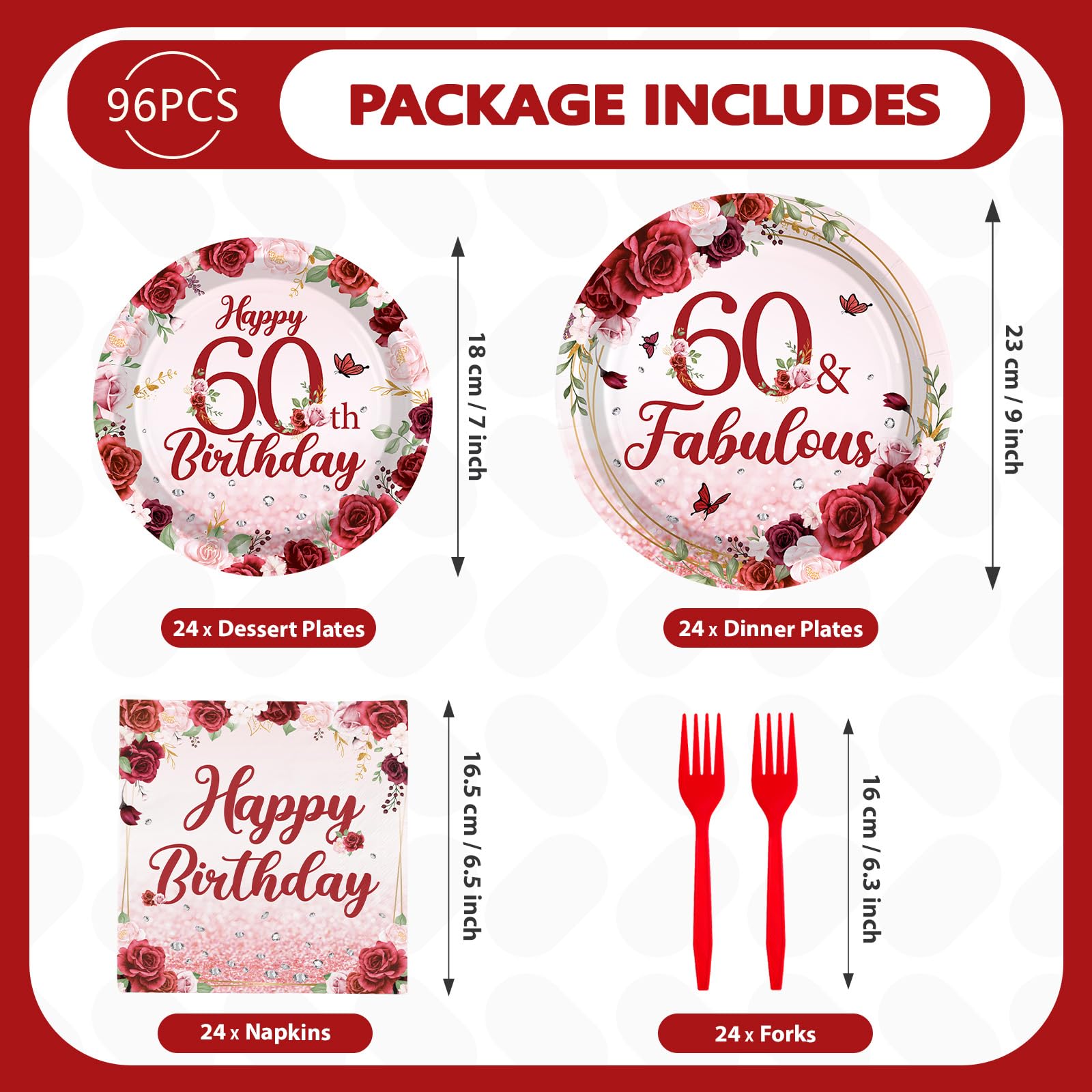 96 Pcs Burgundy 60th Birthday Party Plates and Napkins - Grencian
