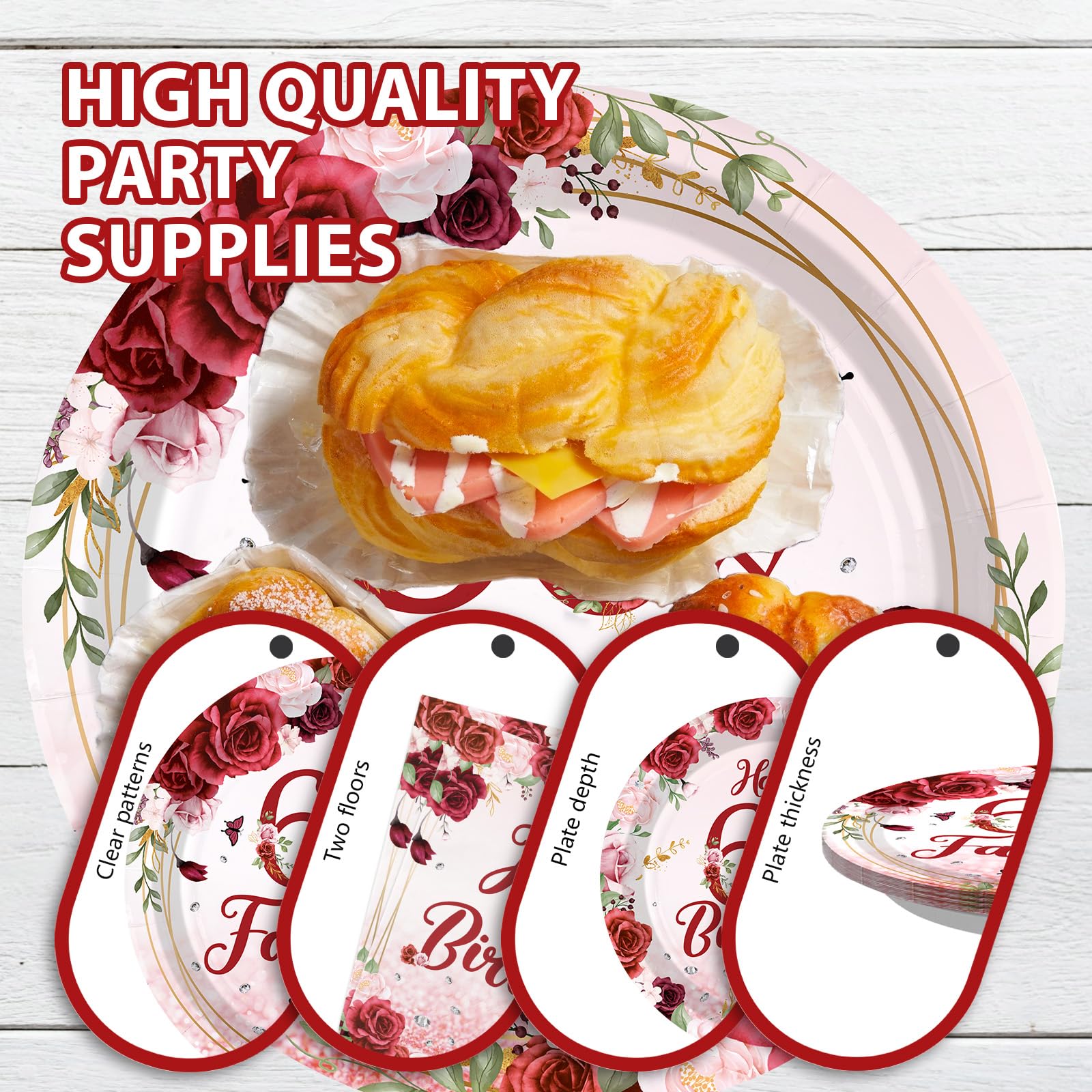 96 Pcs Burgundy 60th Birthday Party Plates and Napkins - Grencian