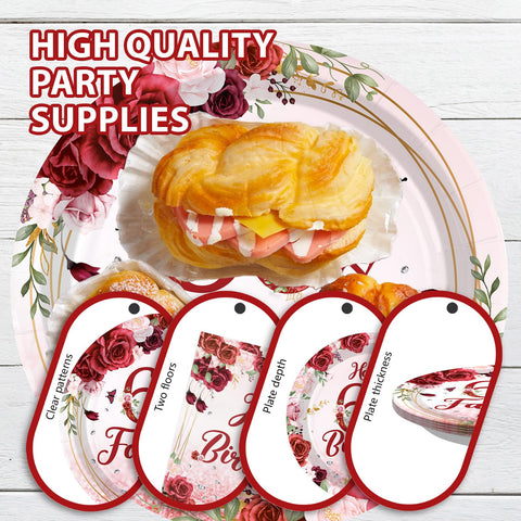 96 Pcs Burgundy 60th Birthday Party Plates and Napkins - Grencian