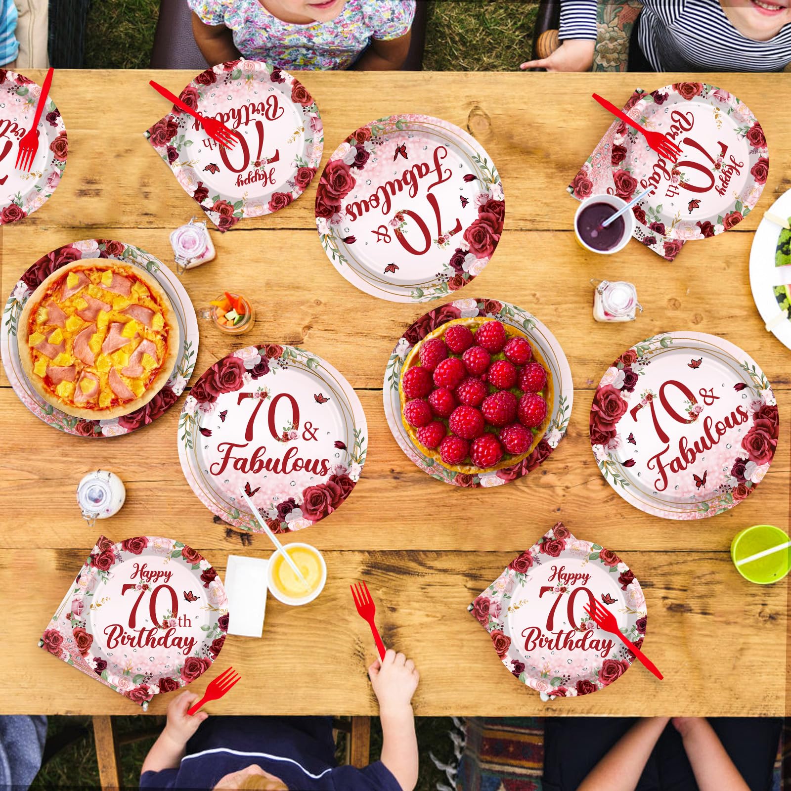 96 Pcs Burgundy 70th Birthday Party Plates and Napkins - Grencian