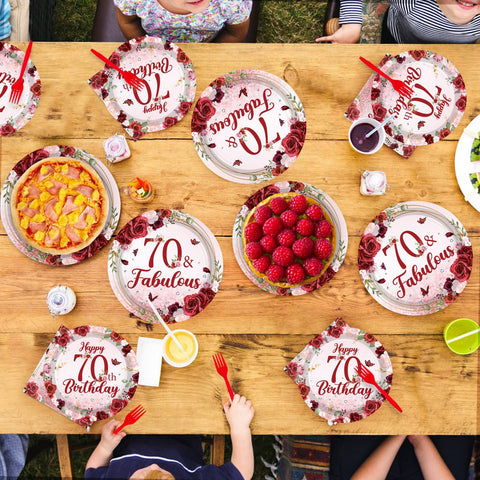 96 Pcs Burgundy 70th Birthday Party Plates and Napkins - Grencian