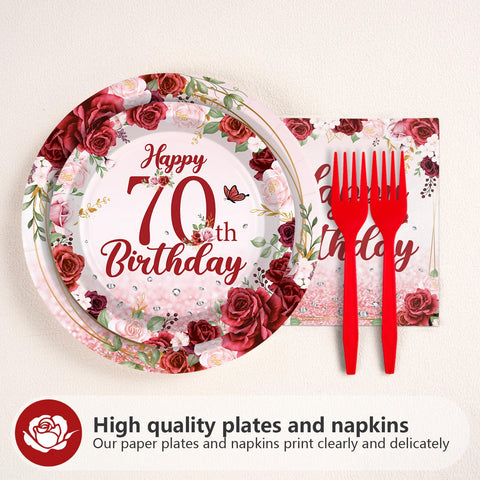96 Pcs Burgundy 70th Birthday Party Plates and Napkins - Grencian