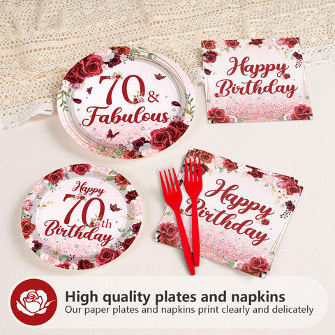 96 Pcs Burgundy 70th Birthday Party Plates and Napkins - Grencian