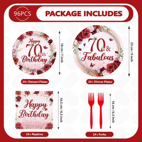 96 Pcs Burgundy 70th Birthday Party Plates and Napkins - Grencian