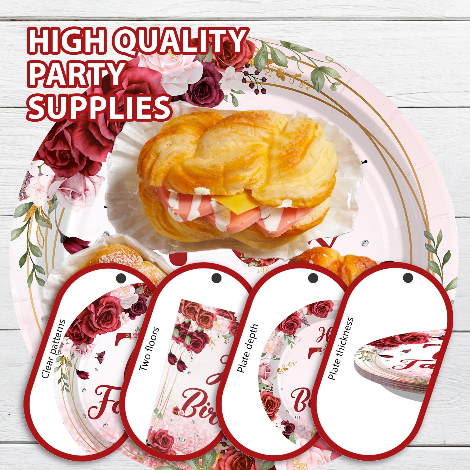 96 Pcs Burgundy 70th Birthday Party Plates and Napkins - Grencian