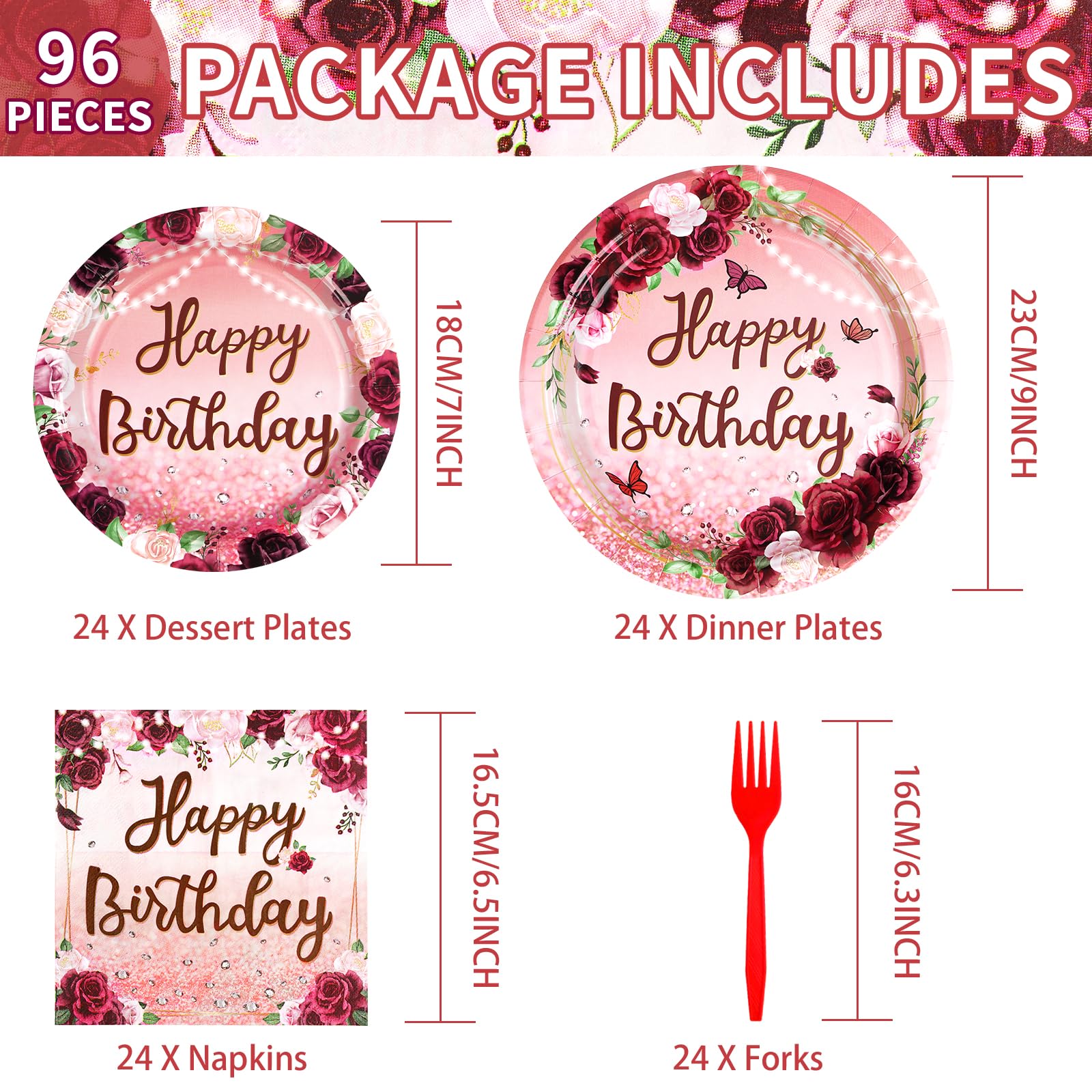 96 Pcs Burgundy Birthday Party Plates and Napkins - Grencian