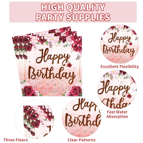96 Pcs Burgundy Birthday Party Plates and Napkins - Grencian
