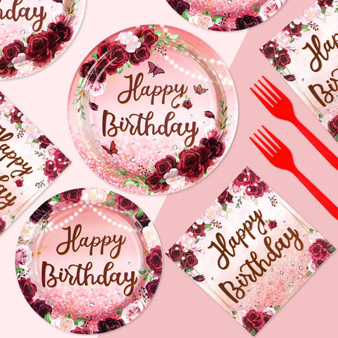 96 Pcs Burgundy Birthday Party Plates and Napkins - Grencian