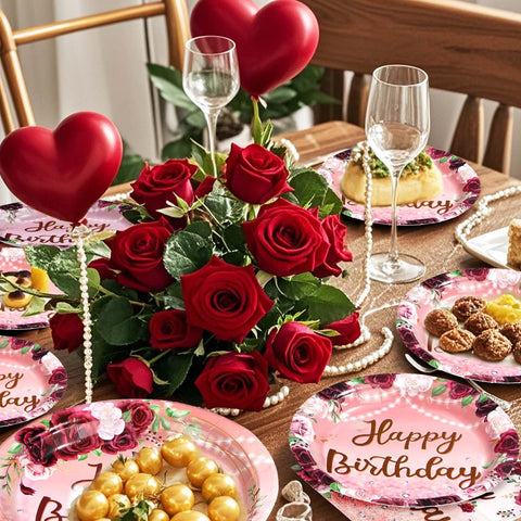 96 Pcs Burgundy Birthday Party Plates and Napkins - Grencian